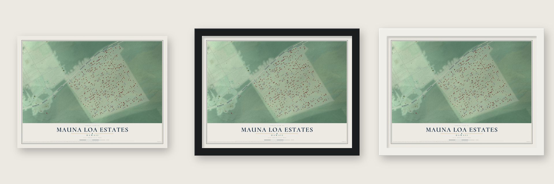 Mauna Loa Estates, Hawaii map unframed, in a black wood frame and in a white wood frame