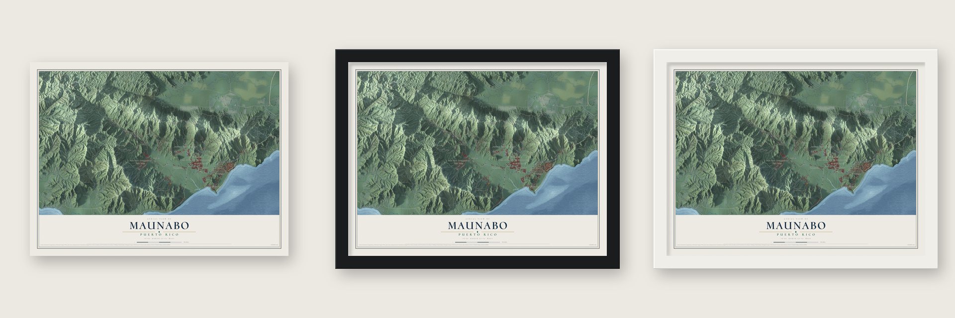 Maunabo, Puerto Rico map unframed, in a black wood frame and in a white wood frame