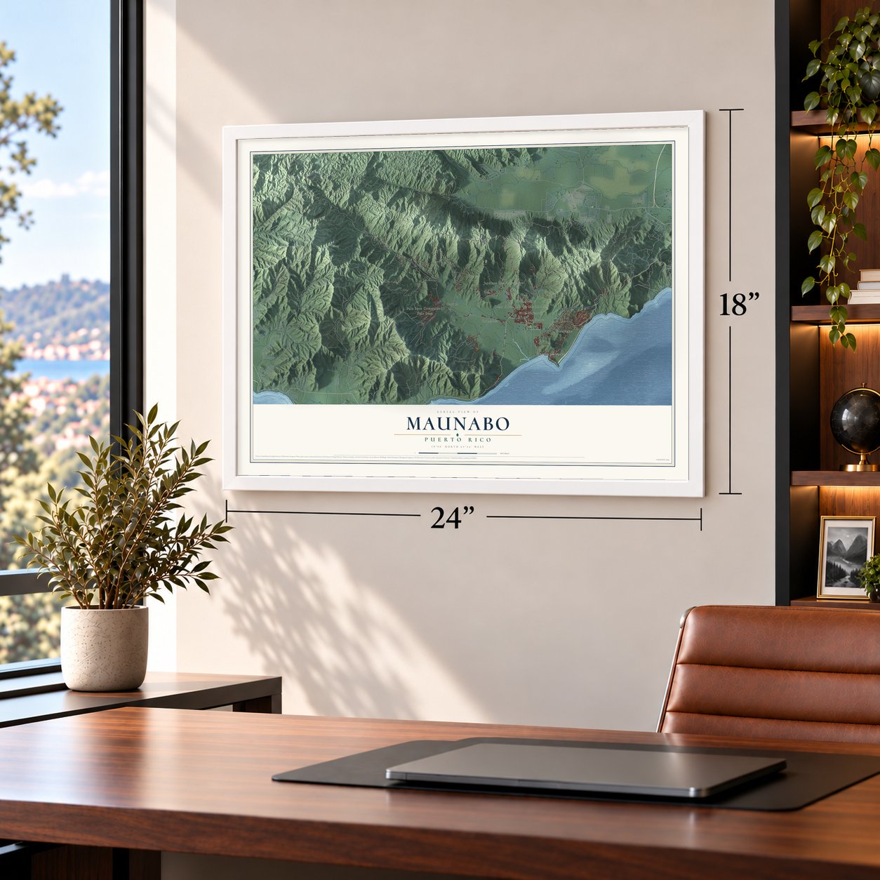 Maunabo, Puerto Rico map, 18 x 24 inch print in a white frame in a home office