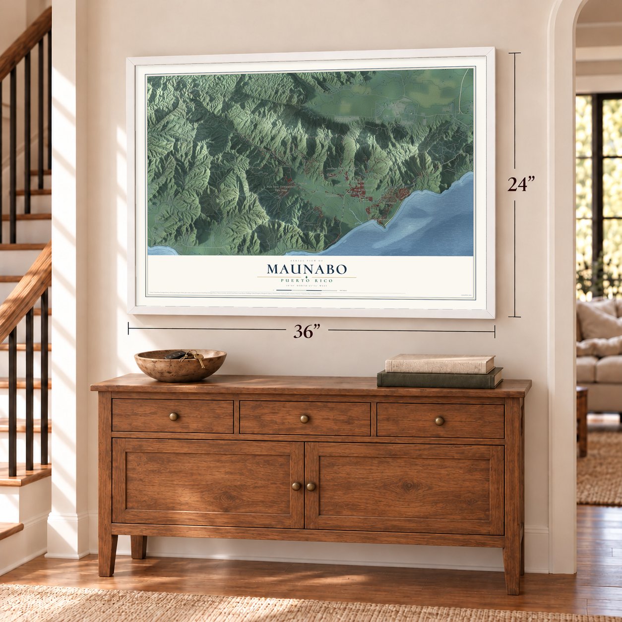 Maunabo, Puerto Rico map, 24 x 36 inch print in a white frame above a dresser by a staircase