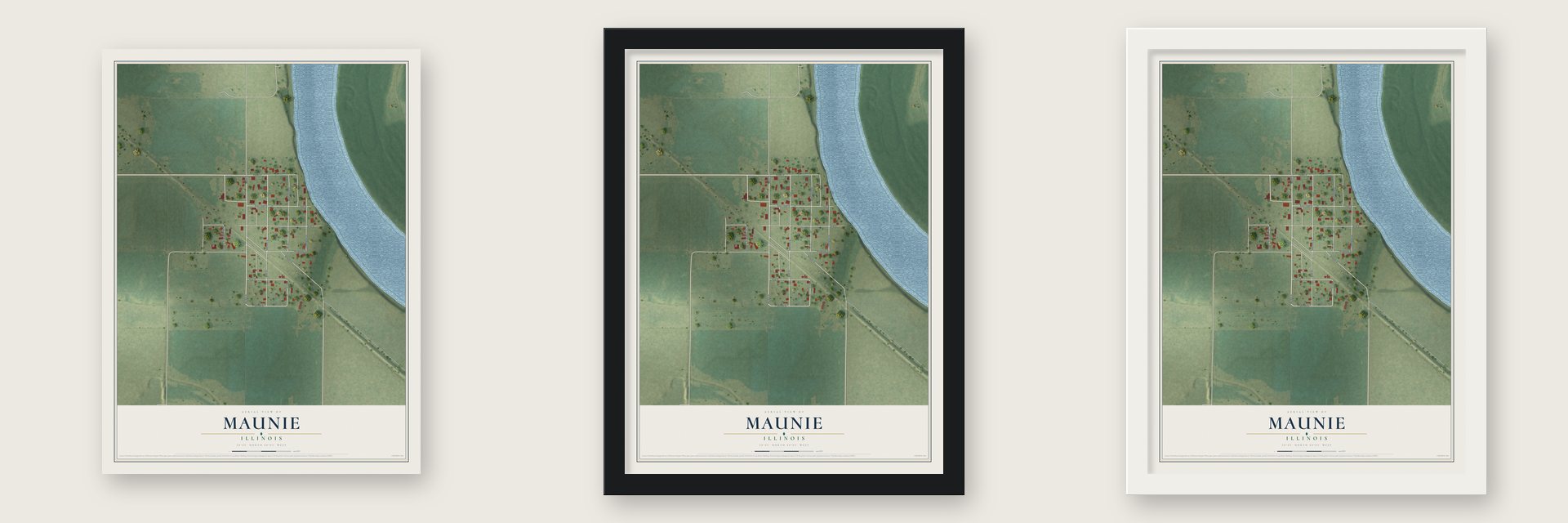 Maunie, Illinois map unframed, in a black wood frame and in a white wood frame