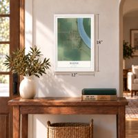 Maunie, Illinois map, 12 x 18 inch print in a white frame in an entryway