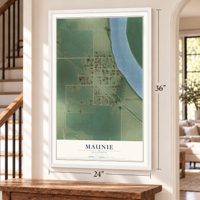 Maunie, Illinois map, 24 x 36 inch print in a white frame by a staircase