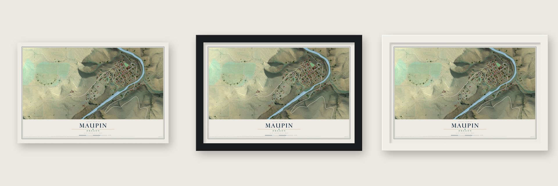 Maupin, Oregon map unframed, in a black wood frame and in a white wood frame