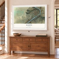 Maupin, Oregon map, 24 x 36 inch print in a white frame above a dresser by a staircase