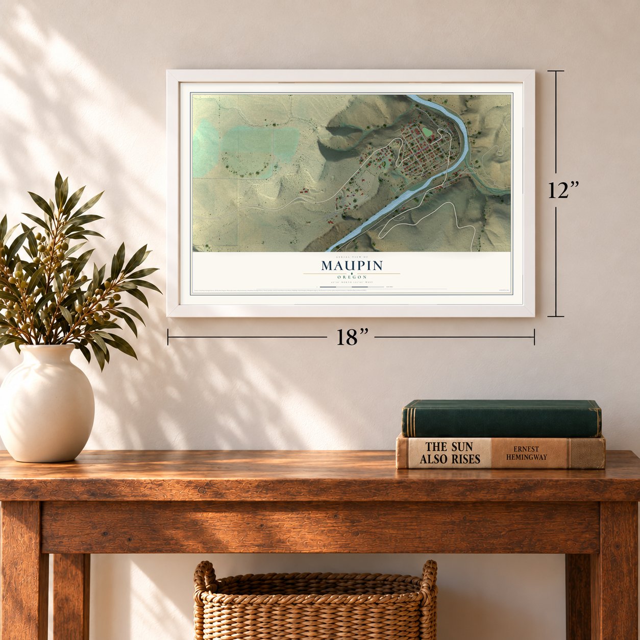 Maupin, Oregon map, 12 x 18 inch print in a white frame in an entryway