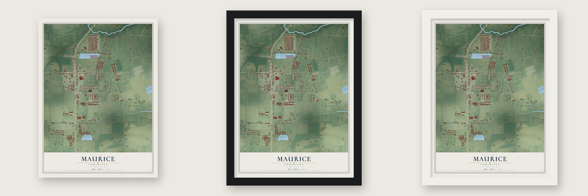 Maurice, Louisiana map unframed, in a black wood frame and in a white wood frame