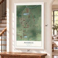 Maurice, Louisiana map, 24 x 36 inch print in a white frame by a staircase