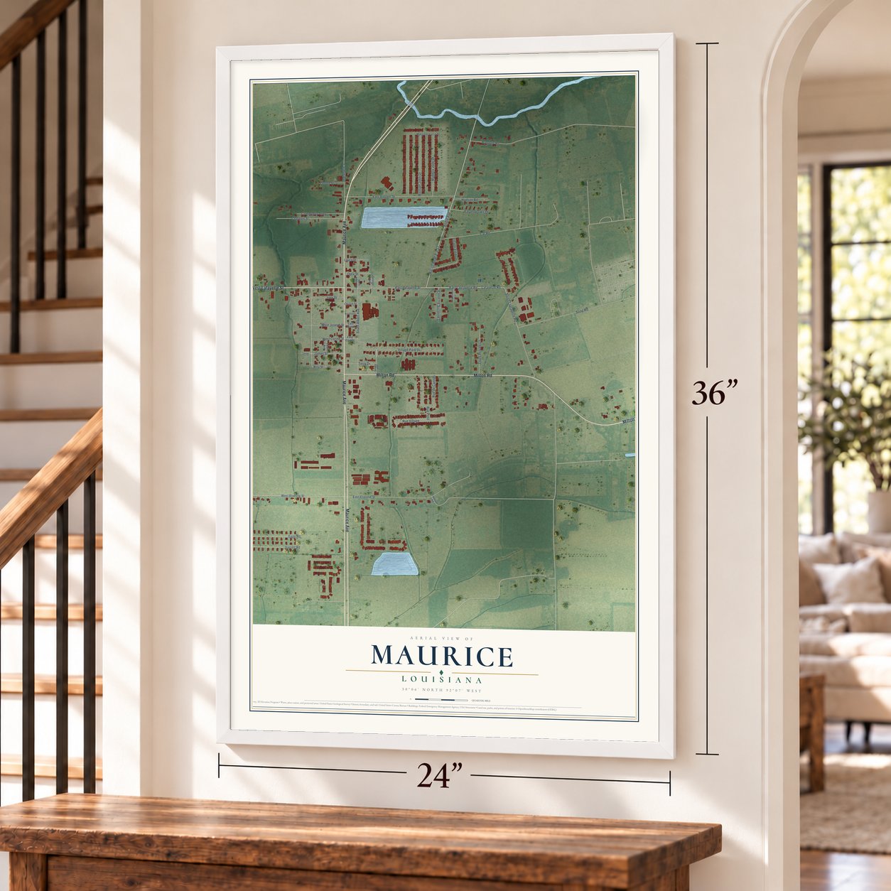 Maurice, Louisiana map, 24 x 36 inch print in a white frame by a staircase