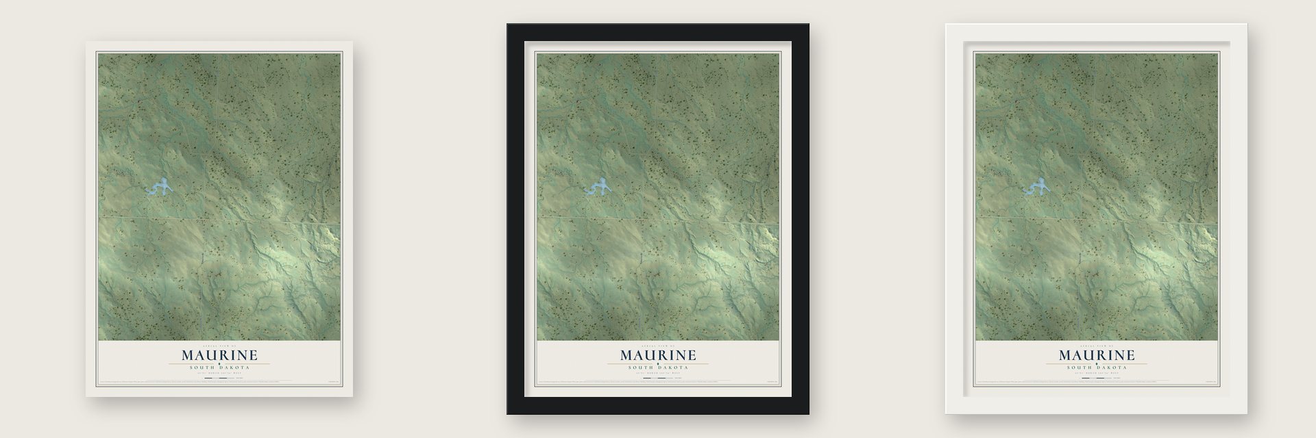 Maurine, South Dakota map unframed, in a black wood frame and in a white wood frame