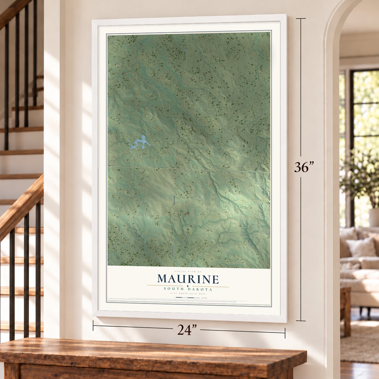 Maurine, South Dakota map, 24 x 36 inch print in a white frame by a staircase