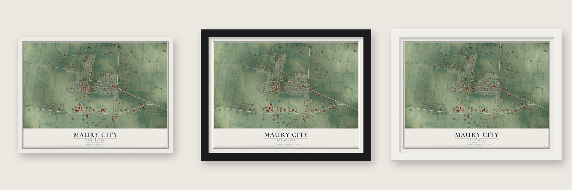Maury City, Tennessee map unframed, in a black wood frame and in a white wood frame