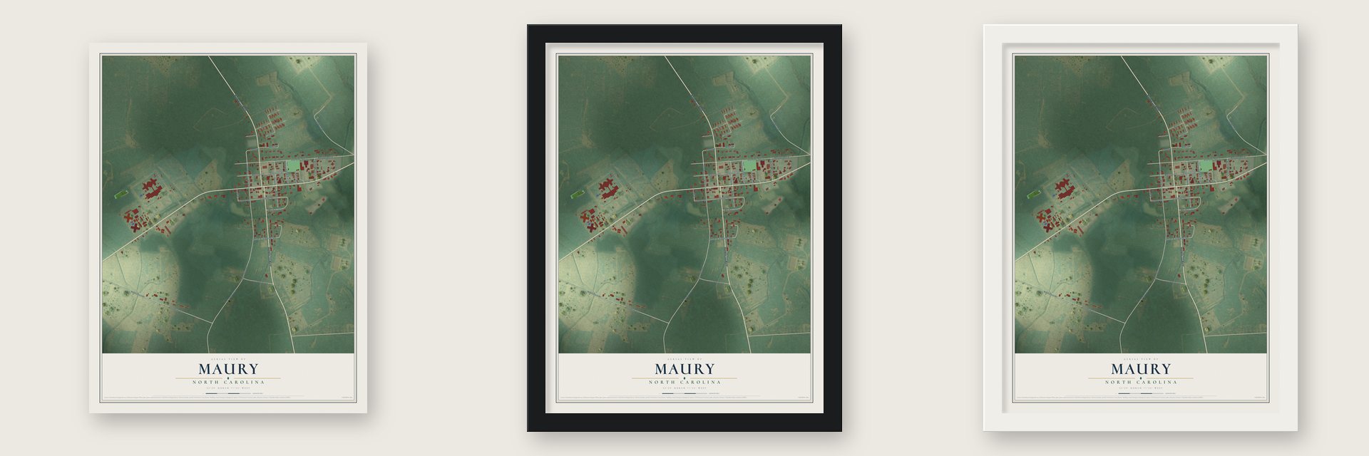 Maury, North Carolina map unframed, in a black wood frame and in a white wood frame