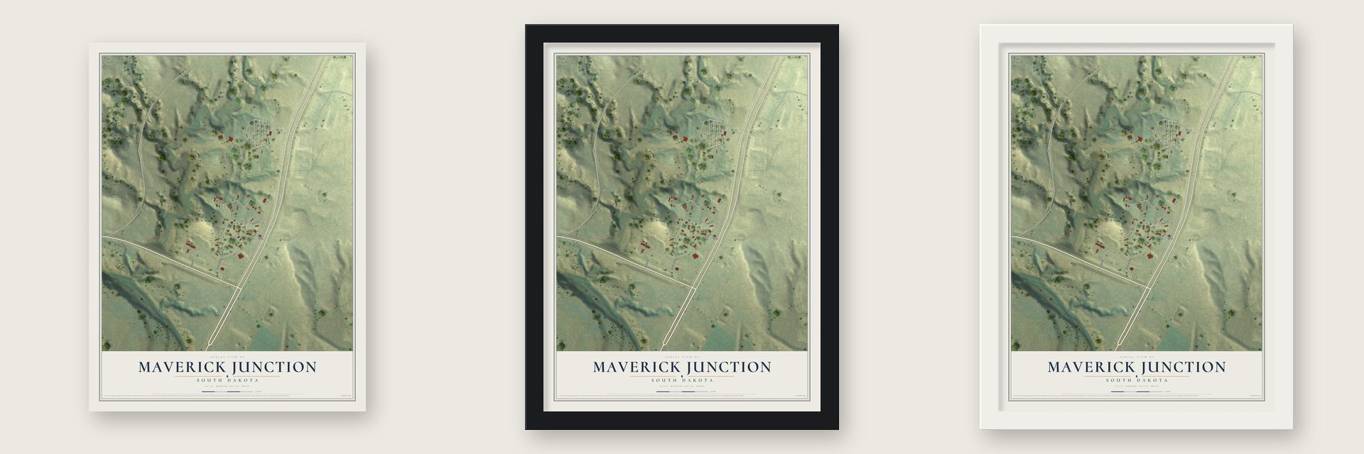 Maverick Junction, South Dakota map unframed, in a black wood frame and in a white wood frame