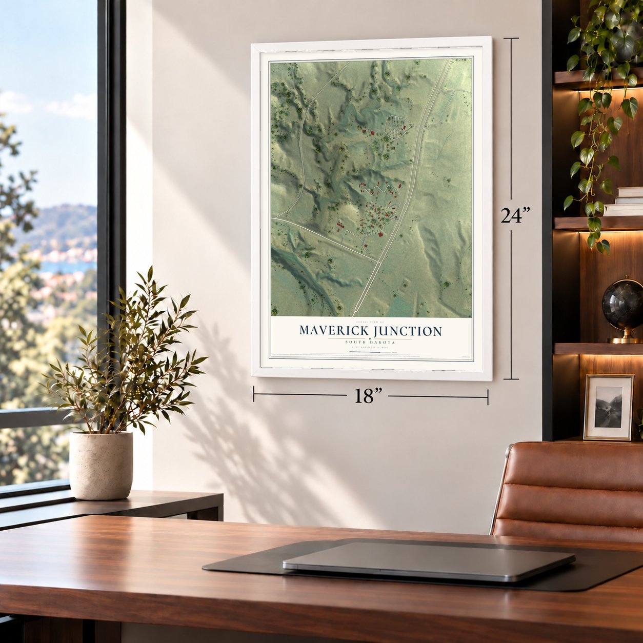 Maverick Junction, South Dakota map, 18 x 24 inch print in a white frame in a home office