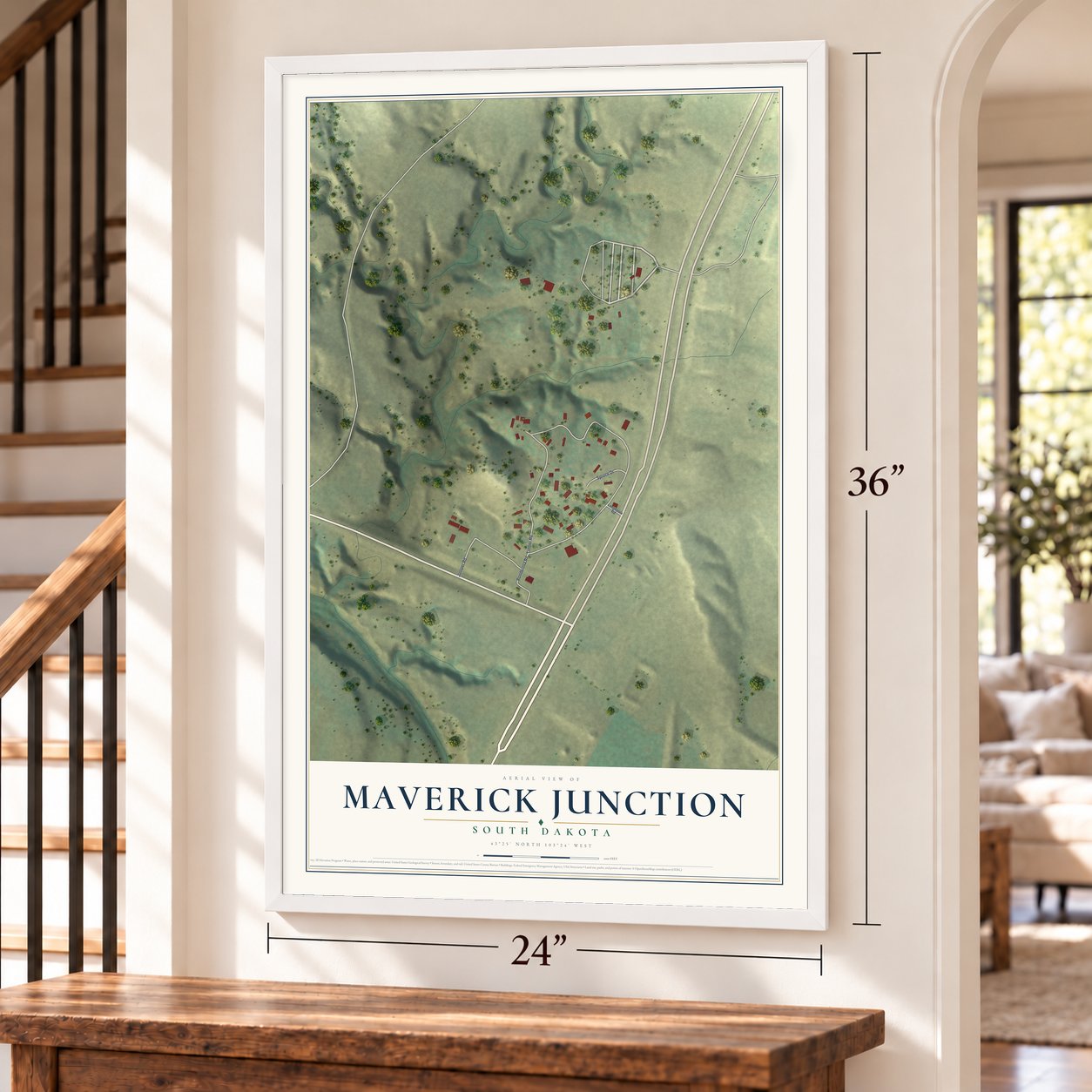 Maverick Junction, South Dakota map, 24 x 36 inch print in a white frame by a staircase