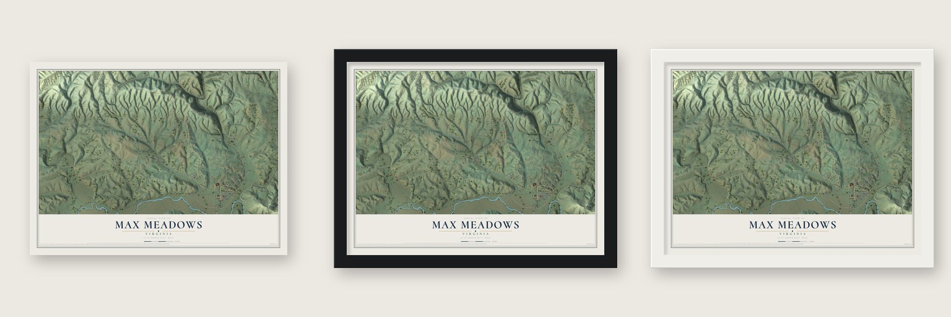 Max Meadows, Virginia map unframed, in a black wood frame and in a white wood frame