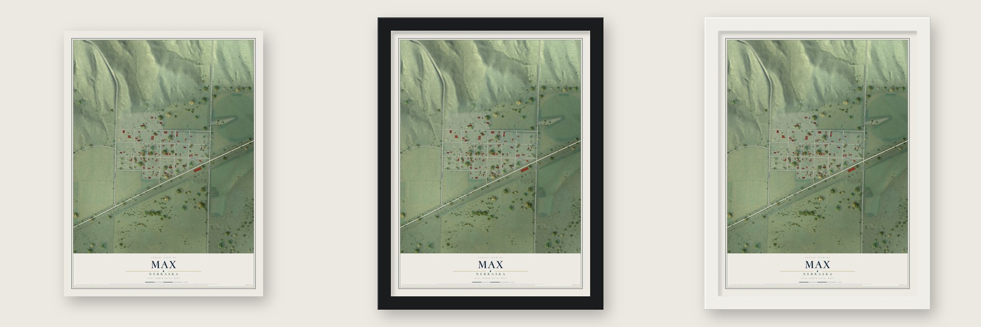 Max, Nebraska map unframed, in a black wood frame and in a white wood frame