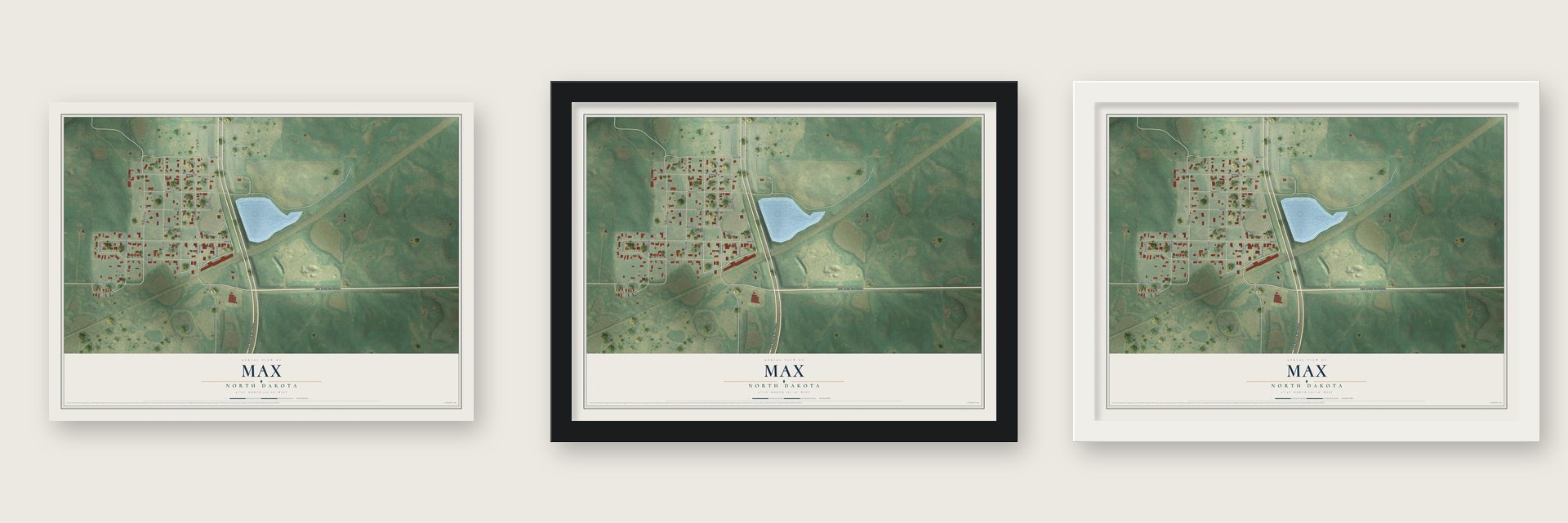 Max, North Dakota map unframed, in a black wood frame and in a white wood frame