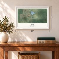 Max, North Dakota map, 12 x 18 inch print in a white frame in an entryway