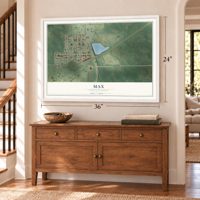 Max, North Dakota map, 24 x 36 inch print in a white frame above a dresser by a staircase
