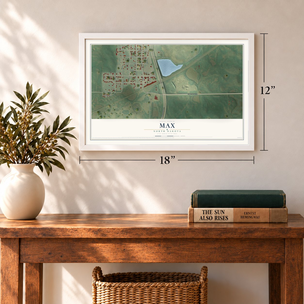 Max, North Dakota map, 12 x 18 inch print in a white frame in an entryway