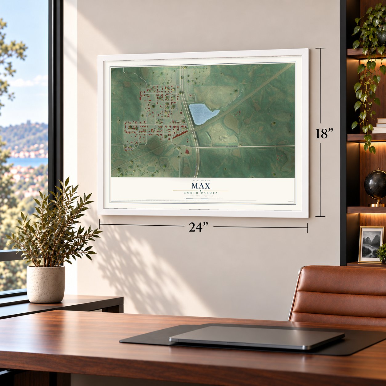 Max, North Dakota map, 18 x 24 inch print in a white frame in a home office
