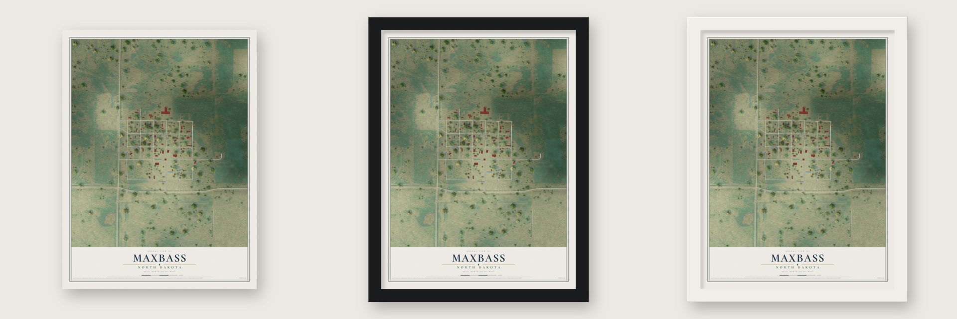 Maxbass, North Dakota map unframed, in a black wood frame and in a white wood frame