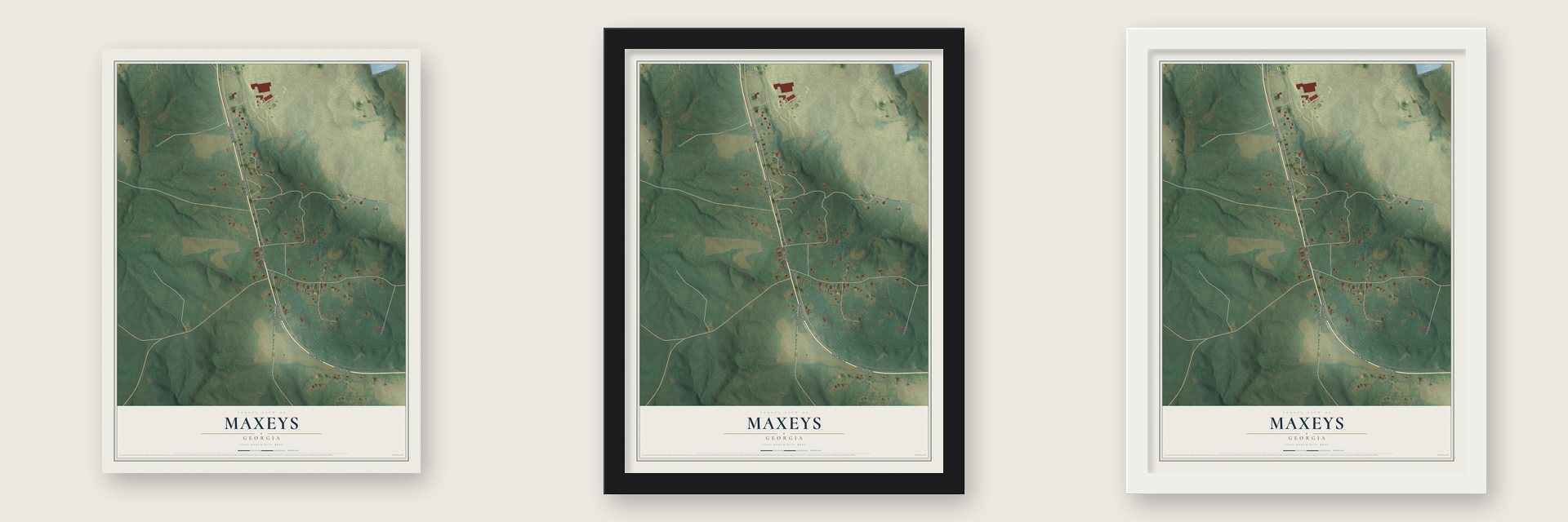 Maxeys, Georgia map unframed, in a black wood frame and in a white wood frame