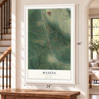 Maxeys, Georgia map, 24 x 36 inch print in a white frame by a staircase