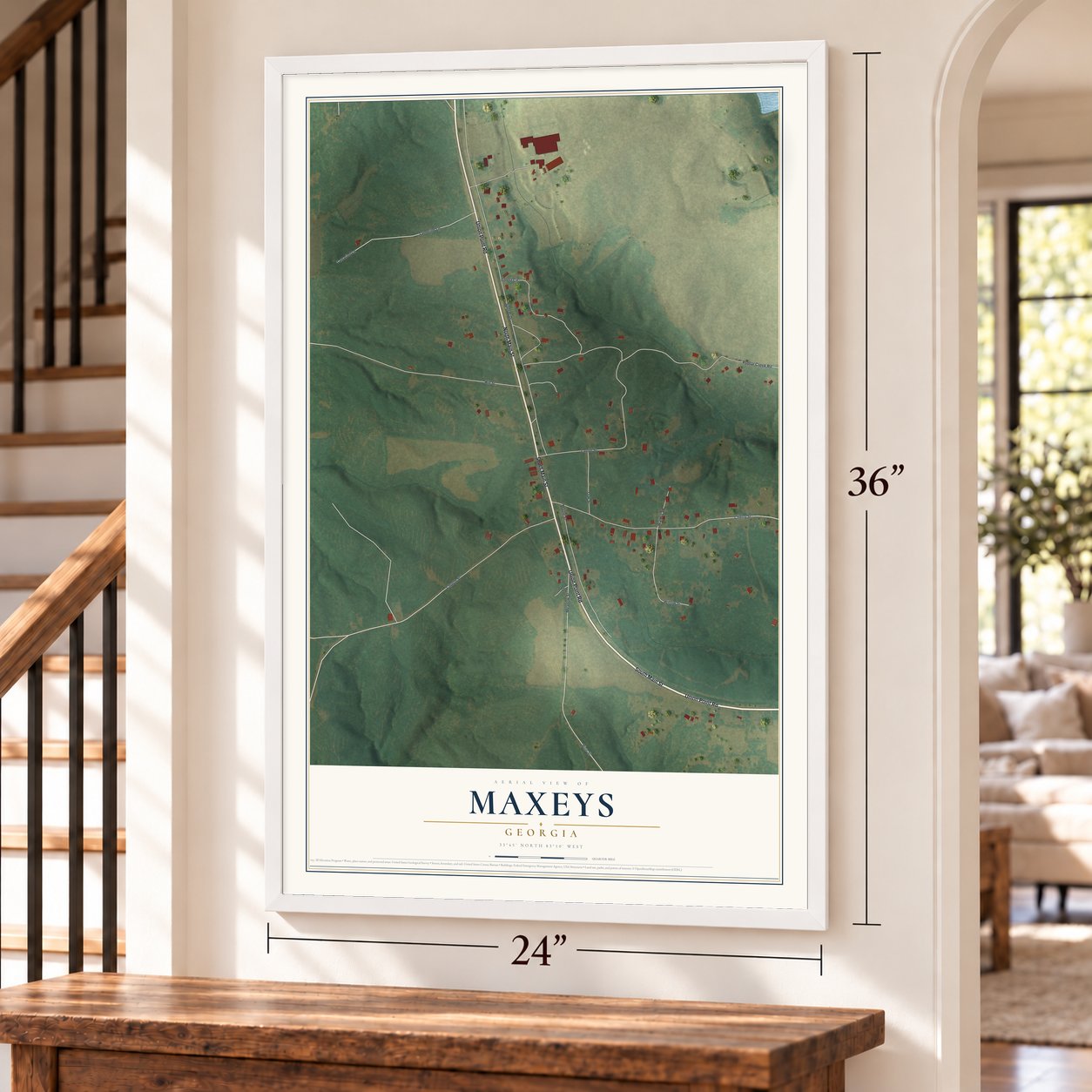Maxeys, Georgia map, 24 x 36 inch print in a white frame by a staircase
