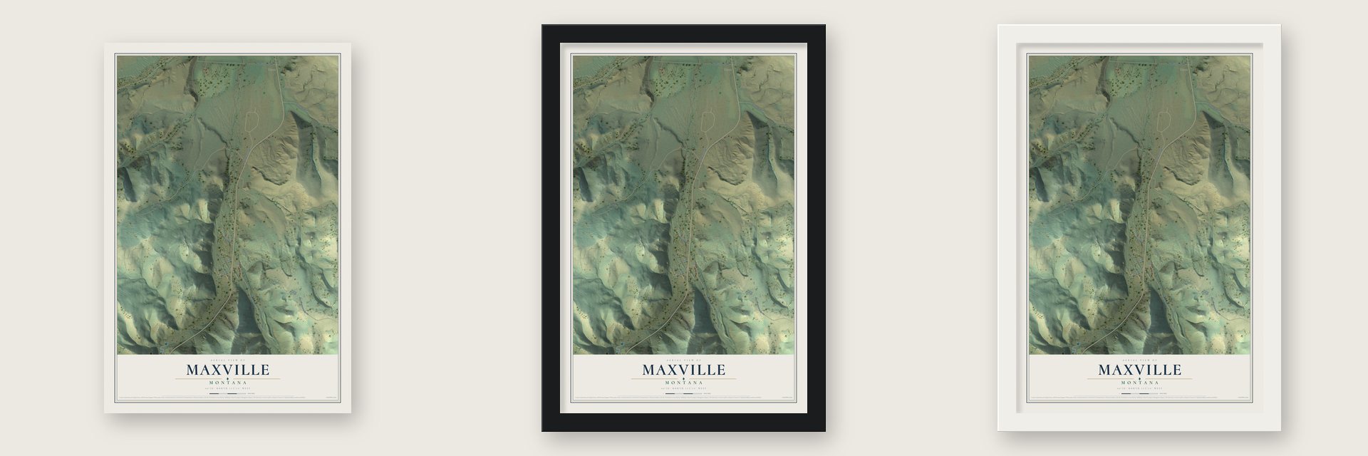 Maxville, Montana map unframed, in a black wood frame and in a white wood frame