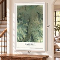 Maxville, Montana map, 24 x 36 inch print in a white frame by a staircase