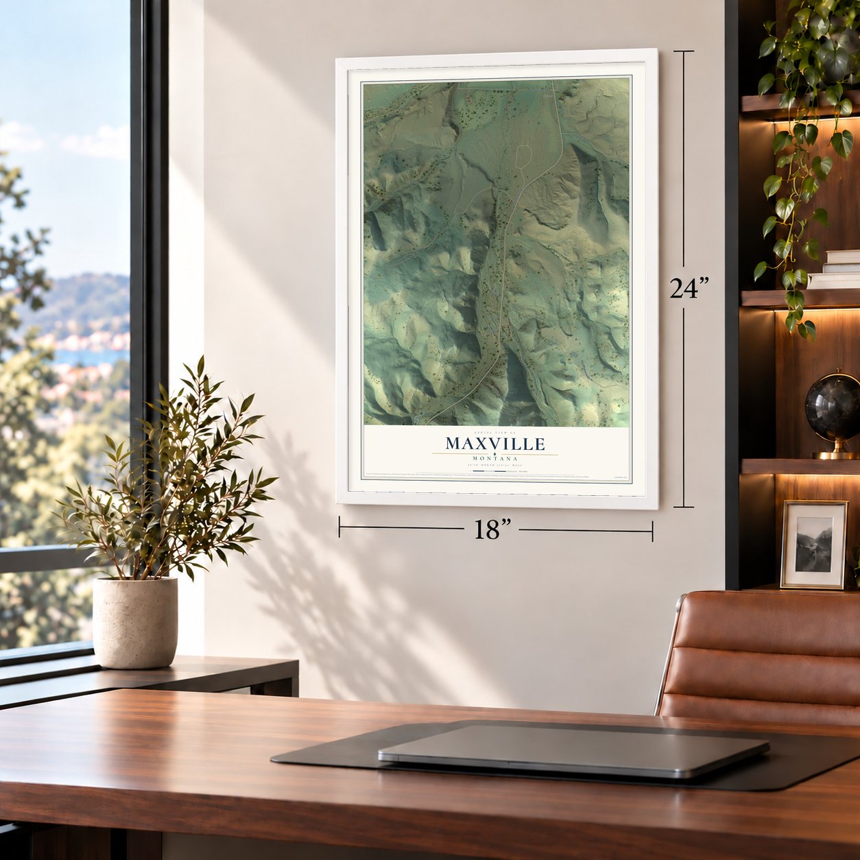 Maxville, Montana map, 18 x 24 inch print in a white frame in a home office
