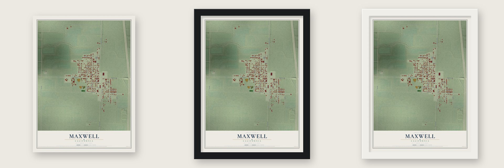Maxwell, California map unframed, in a black wood frame and in a white wood frame