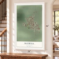 Maxwell, California map, 24 x 36 inch print in a white frame by a staircase