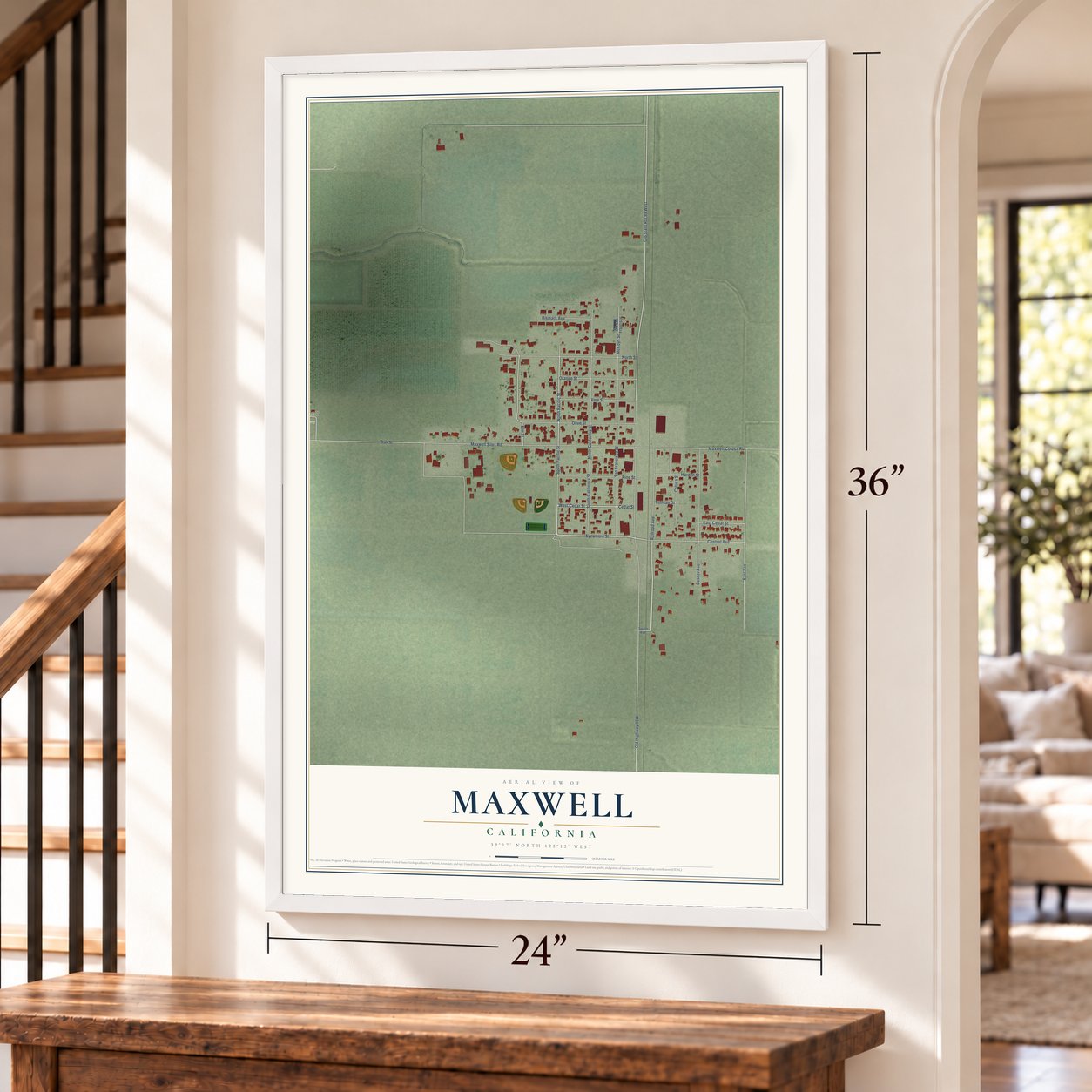Maxwell, California map, 24 x 36 inch print in a white frame by a staircase