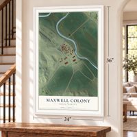 Maxwell Colony, South Dakota map, 24 x 36 inch print in a white frame by a staircase