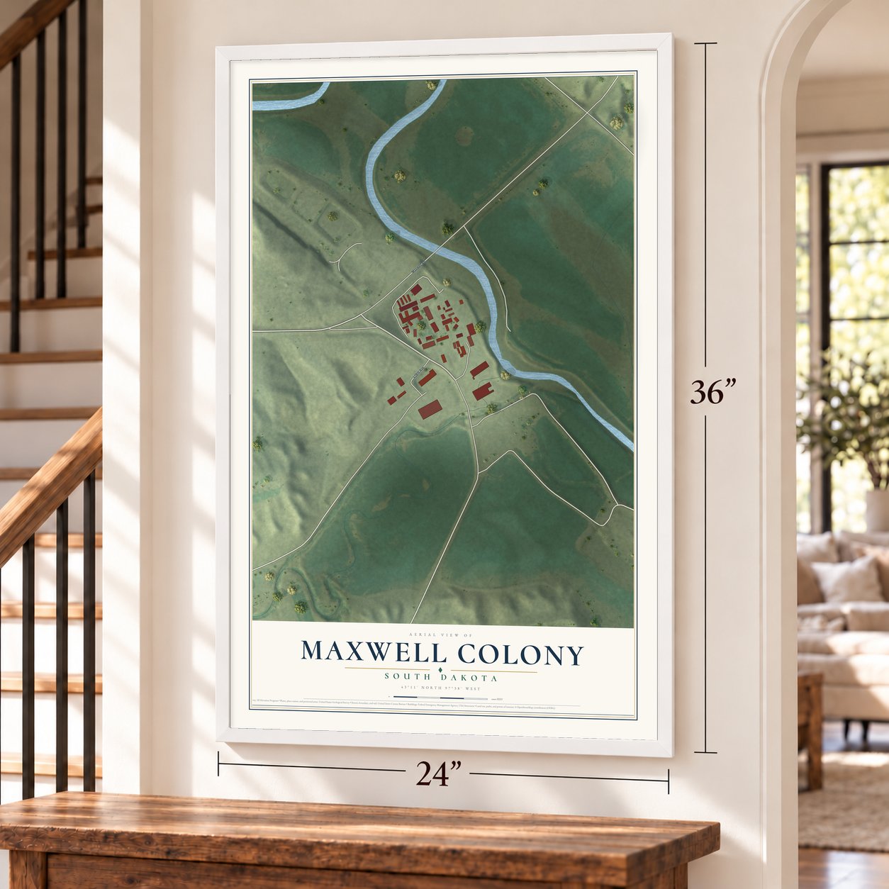 Maxwell Colony, South Dakota map, 24 x 36 inch print in a white frame by a staircase