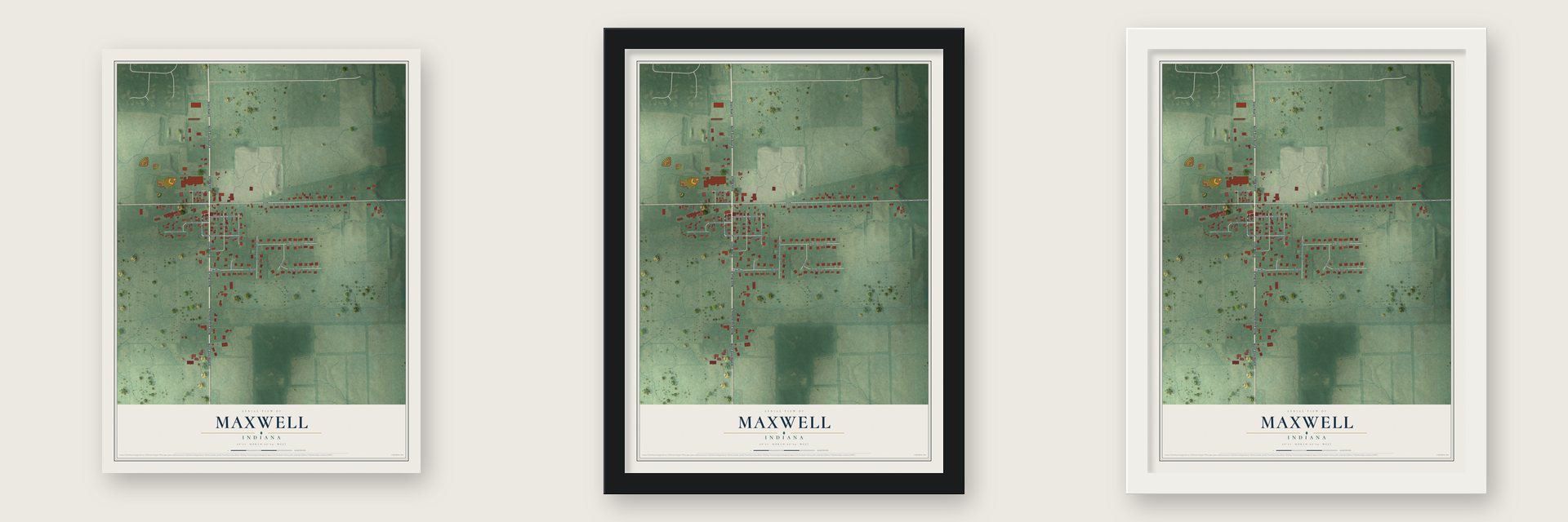 Maxwell, Indiana map unframed, in a black wood frame and in a white wood frame