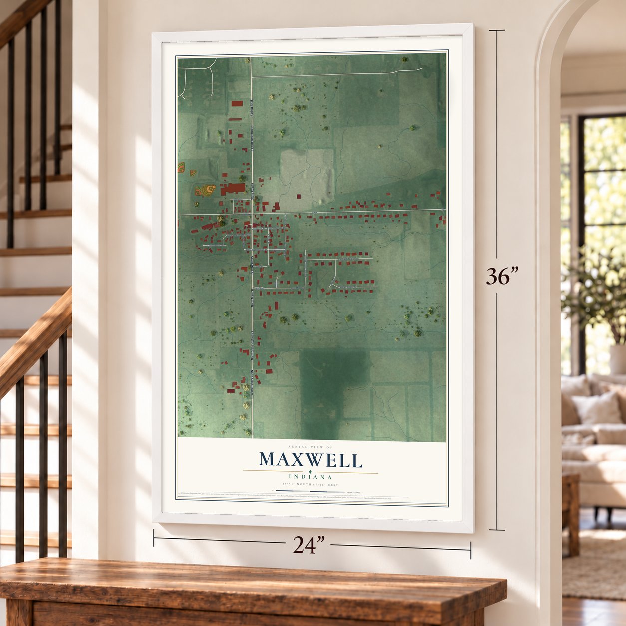 Maxwell, Indiana map, 24 x 36 inch print in a white frame by a staircase