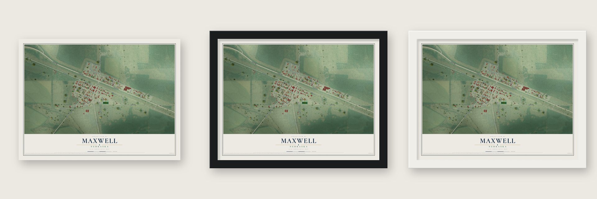 Maxwell, Nebraska map unframed, in a black wood frame and in a white wood frame