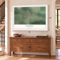 Maxwell, Nebraska map, 24 x 36 inch print in a white frame above a dresser by a staircase