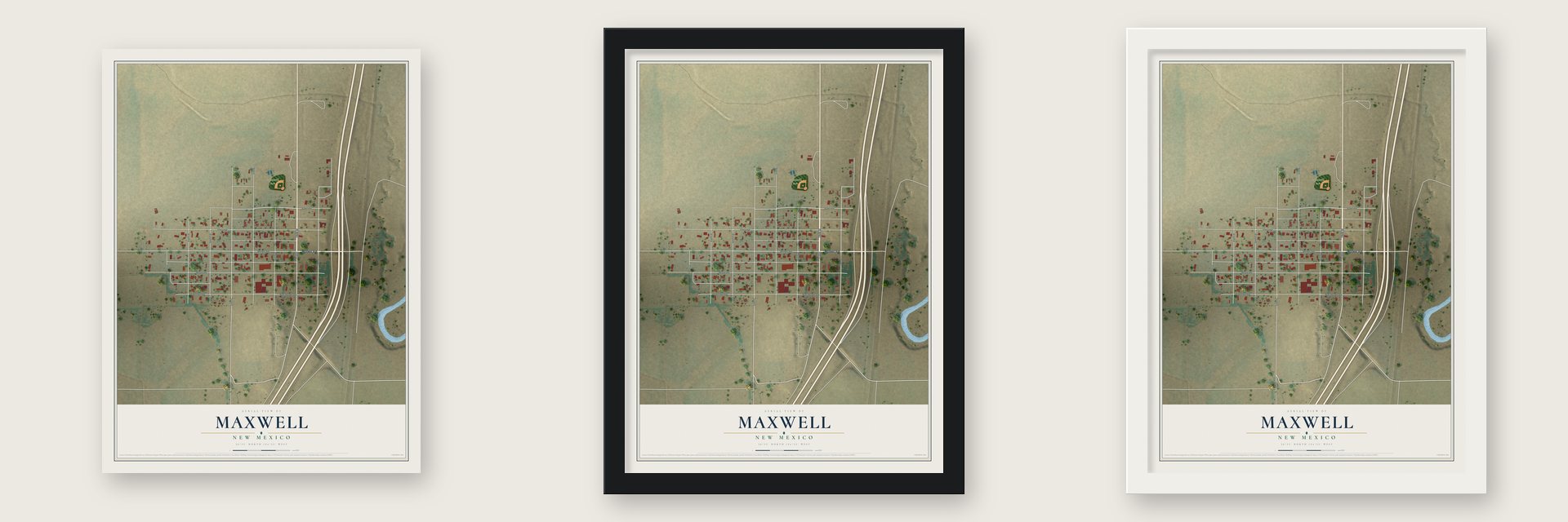 Maxwell, New Mexico map unframed, in a black wood frame and in a white wood frame