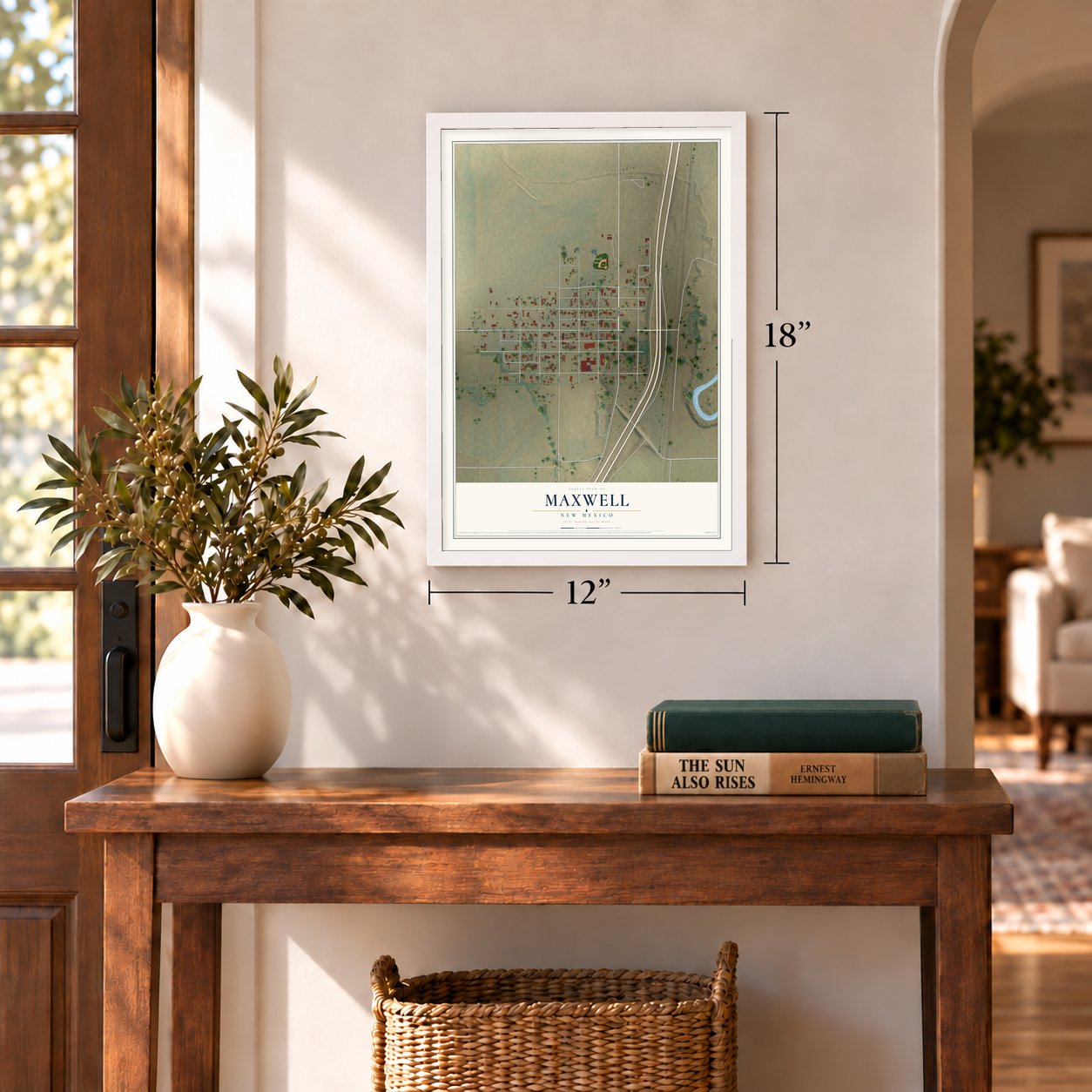 Maxwell, New Mexico map, 12 x 18 inch print in a white frame in an entryway