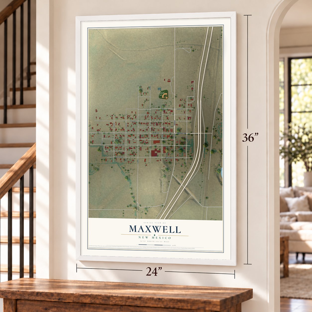 Maxwell, New Mexico map, 24 x 36 inch print in a white frame by a staircase