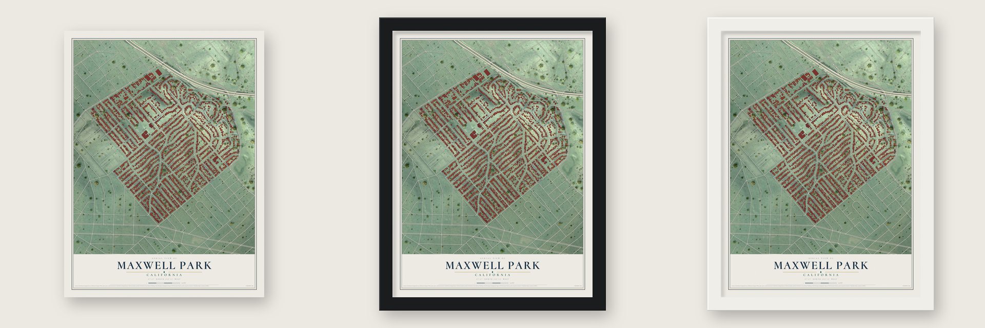 Maxwell Park, California map unframed, in a black wood frame and in a white wood frame