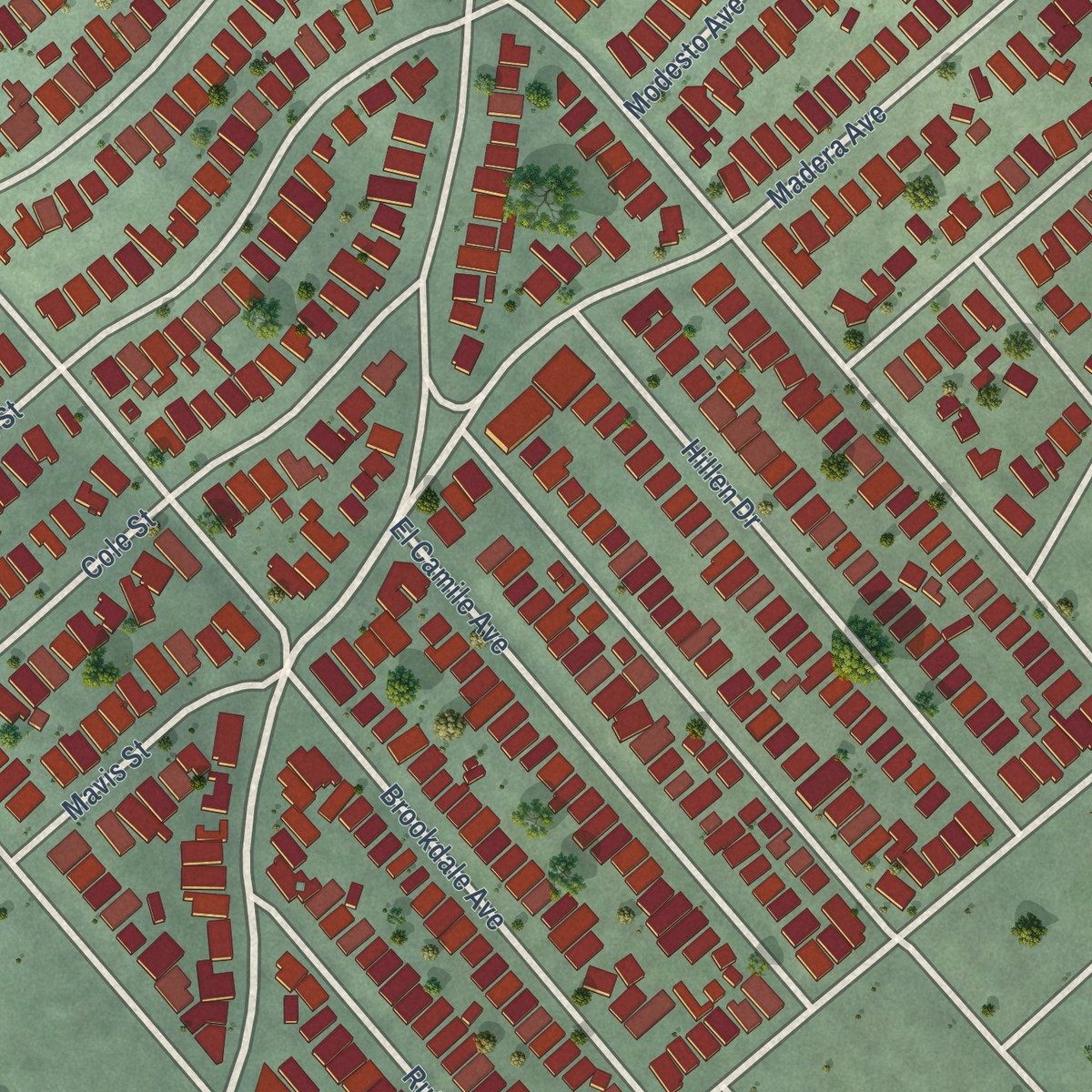 Second close-up of the map of Maxwell Park, California print showing more streets and buildings