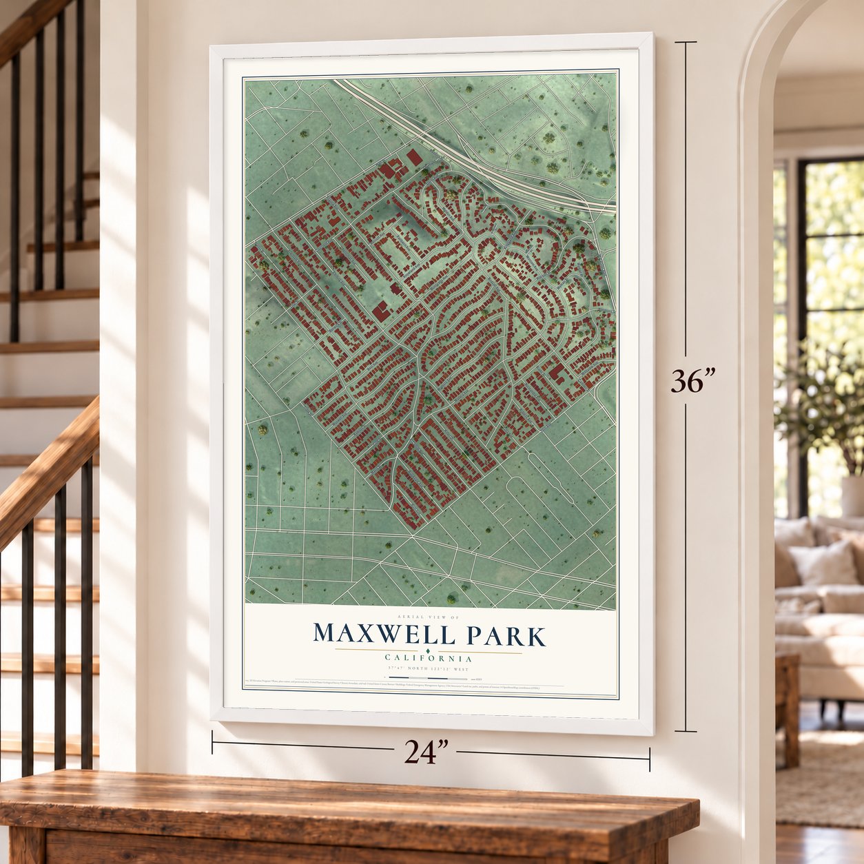 Maxwell Park, California map, 24 x 36 inch print in a white frame by a staircase