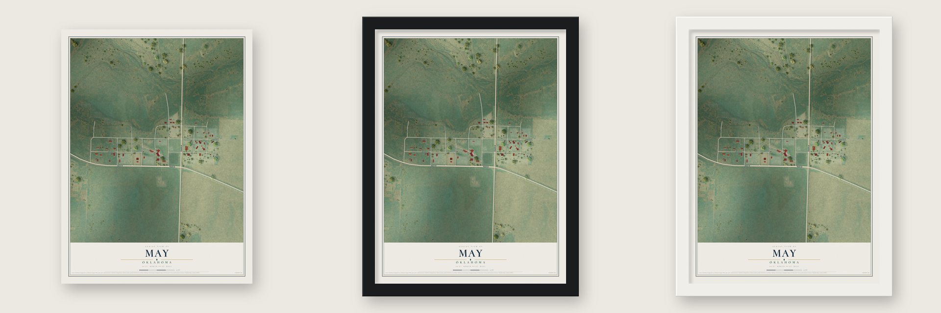 May, Oklahoma map unframed, in a black wood frame and in a white wood frame
